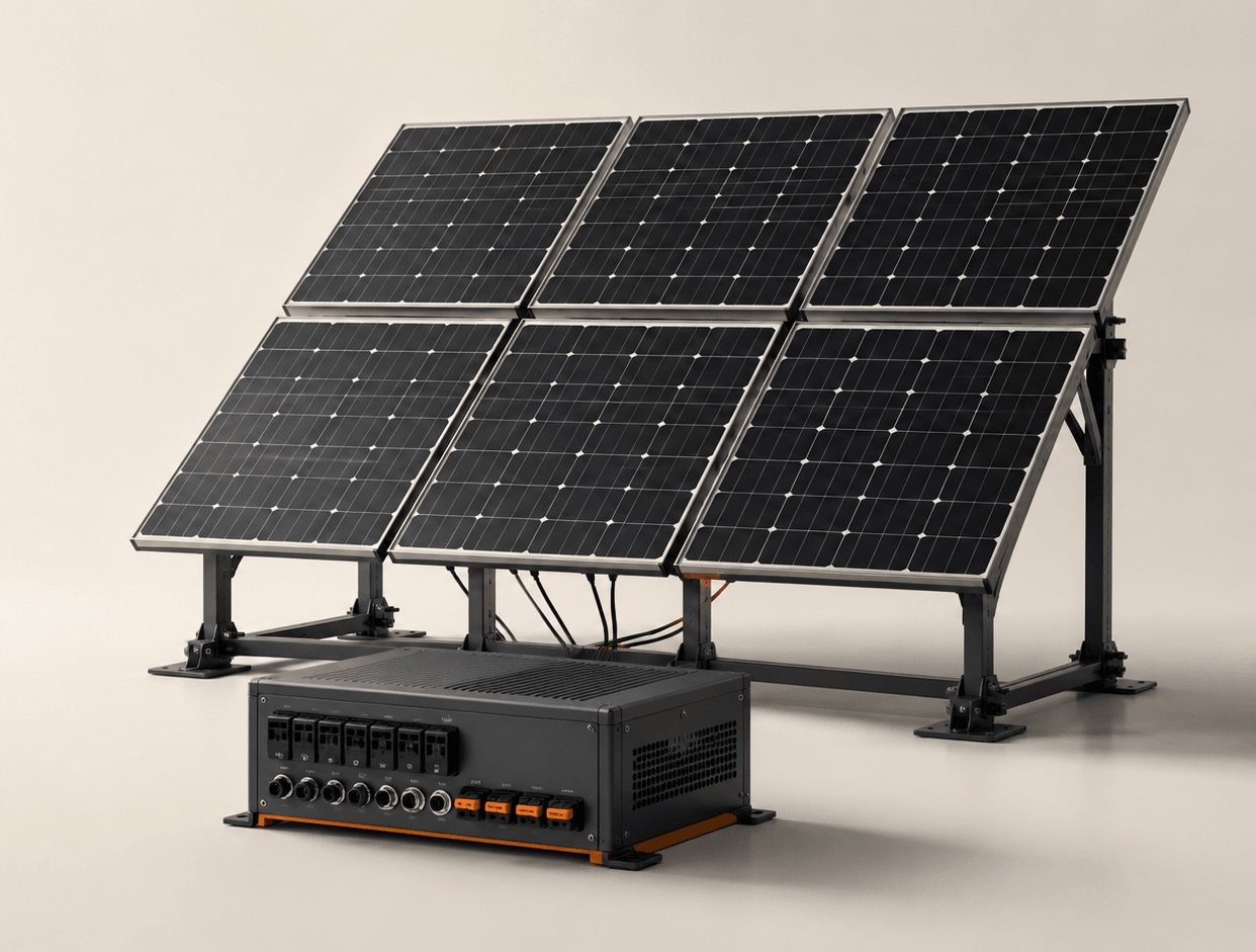 REVARQ ARC-6: six photovoltaic modules in a three-by-two arrangement on a steel support frame, with the ARC-6 controller and switching unit standing in front of the array.